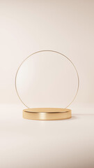 ベージュ背景に金色の台座。円形の金とガラス。（縦長）