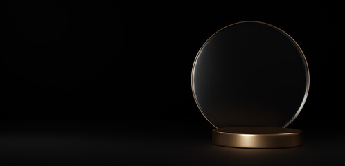 黒背景に金色の台座。円形の金とガラス。コピースペース。（横長）