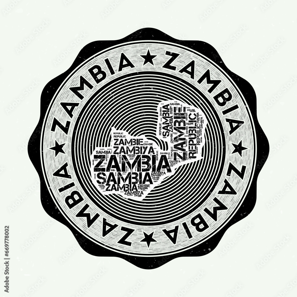 Poster zambia seal. country round logo with shape of zambia and country name in multiple languages word clo