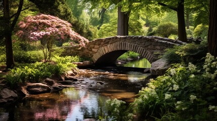 A charming stone bridge arching over a babbling brook in a lush garden setting