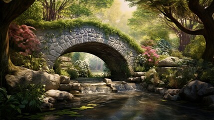 A charming stone bridge arching over a babbling brook in a lush garden setting