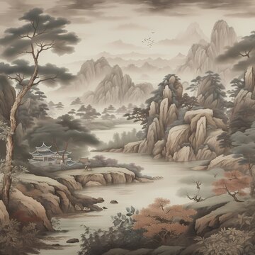 chinoiserie wallpaper with mountain and river painting