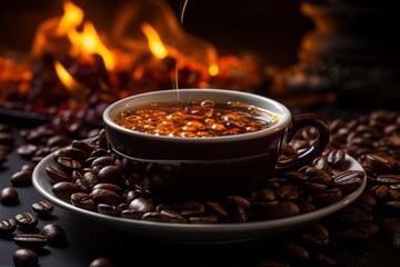 Steaming cup of coffee with cinnamon sticks on fire