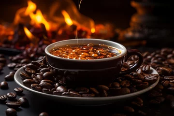 Poster Koffiebar Steaming cup of coffee with cinnamon sticks on fire