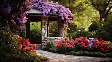 Fototapeta na wymiar A charming stone gazebo surrounded by a profusion of colorful, fragrant blooms