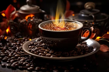Papier Peint photo Lavable Bar a café Steaming cup of coffee with cinnamon sticks on fire