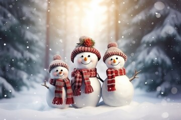 Fototapeta premium a family of snowmen in a fairy-tale snowy forest wearing a hat and scarf. New Year winter card. Christmas snow characters. cold time.