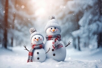 Fototapeta premium a family of snowmen in a fairy-tale snowy forest wearing a hat and scarf. New Year winter card. Christmas snow characters. cold time.