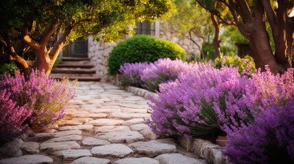 A charming stone pathway flanked by vibrant, fragrant lavender bushes