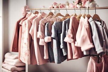Clothing for a little girl on a clothes rack in a wardrobe 