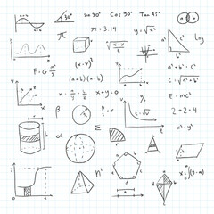 Hand drawn sketch math note. Math symbols doodle notebook page background. School education sign geometry scientific formulas and calculations vector illustration