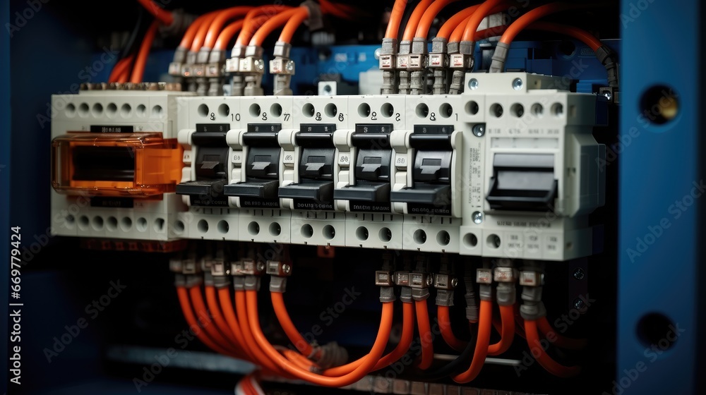 Poster Electrical panel, Many socket and electrical relay (switch automatic or electromagnet ) for operated electric circuit of machine or industrial.