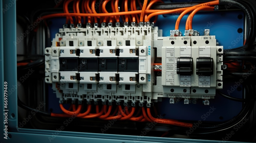 Poster Electrical panel, Many socket and electrical relay (switch automatic or electromagnet ) for operated electric circuit of machine or industrial.