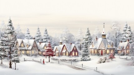 A charming winter village scene with cozy cottages, featuring snowy whites, warm grays, and accents of soft cranberry