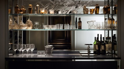 A chic bar area with a mirrored backsplash, crystal glassware, and a selection of fine spirits, emanating an aura of cosmopolitan elegance - obrazy, fototapety, plakaty