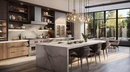 A chic, open-concept kitchen with marble countertops, a chef's island, and statement pendant lights, merging culinary sophistication with contemporary style