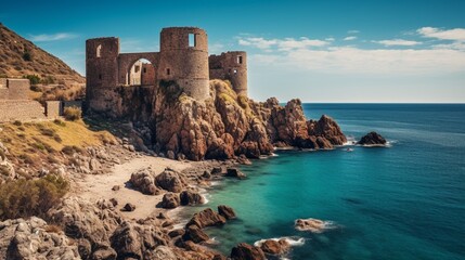 Fototapeta na wymiar A coastal fortress overlooking a turquoise sea, its weathered stones telling tales of a bygone era