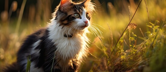 A cat with three colors sits on the grass and gazes ahead
