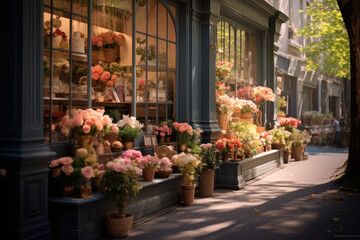 Fototapeta na wymiar Flower shop from outside on the street, Beautiful flowers shows through its windows.