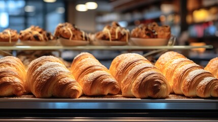 Croissants in a bakers oven.