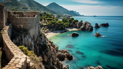 A coastal fortress overlooking a turquoise sea, its weathered stones telling tales of a bygone era