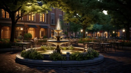A cobblestone plaza with an inviting outdoor seating area and a central stone fountain