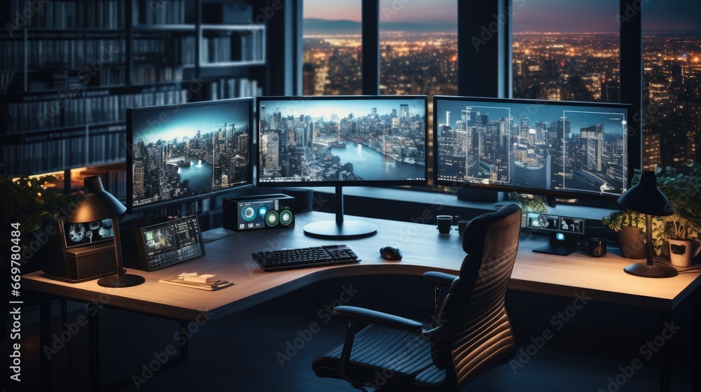 Poster modern workspace, surrounded by multiple computer screens displaying colorful charts, workstation is