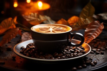 coffee cup latte art on dark background with coffee beans