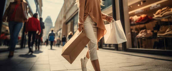 Women shoppers with shopping bags on the city street.