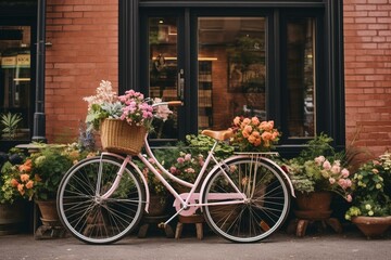 Fototapeta na wymiar A bike with a basket of flowers parked by a brick building with a flower box in front. Generative AI