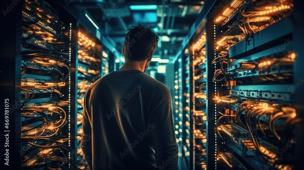 Aufkleber network engineer checking signal digital connections in a room filled with technology.