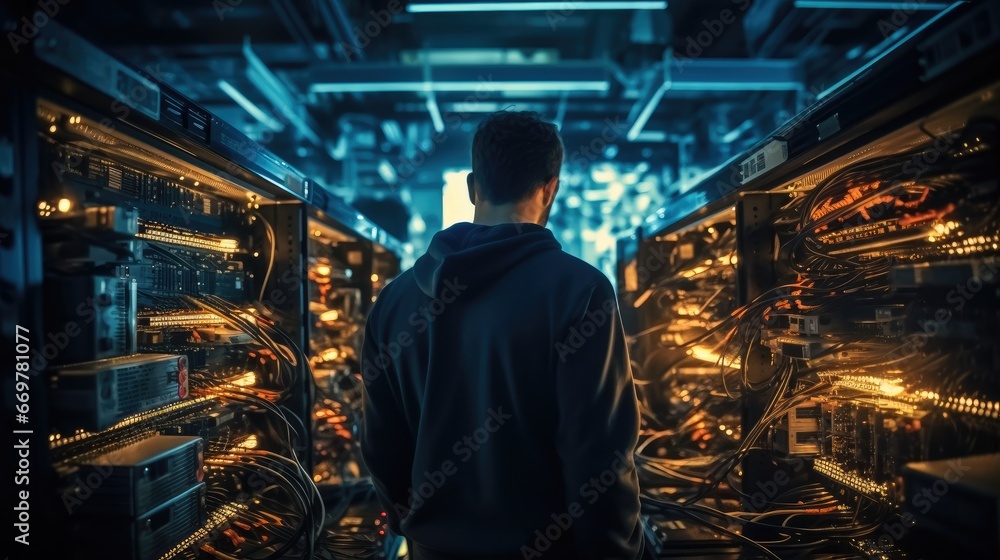 Poster network engineer checking signal digital connections in a room filled with technology.
