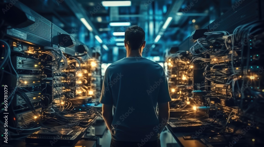 Poster network engineer checking signal digital connections in a room filled with technology.