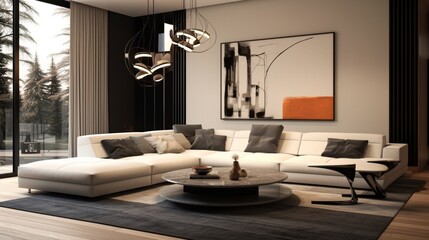 A contemporary living space with a sectional sofa, a monochrome area rug, and a striking statement light fixture, balancing comfort with modern design