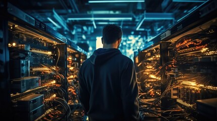 Network engineer checking signal digital connections in a room filled with technology.