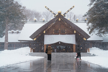 Hokkaido Jingu Shrine with Snow in winter season, Japanese buddhism shinto temple. landmark and popular for attractions in Hokkaido, Japan. Travel and Vacation concepts