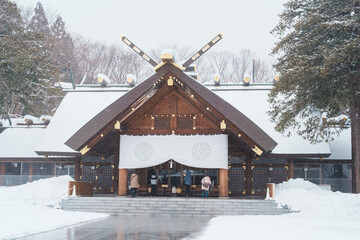 Hokkaido Jingu Shrine with Snow in winter season, Japanese buddhism shinto temple. landmark and popular for attractions in Hokkaido, Japan. Travel and Vacation concepts