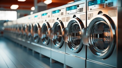 Row of self-service clothes dryer, Laundry machines. - obrazy, fototapety, plakaty