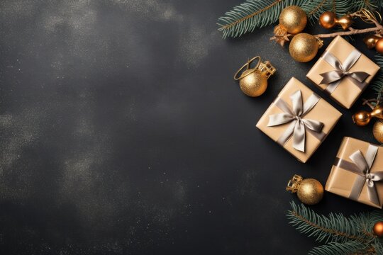 Christmas Flat Lay Background decorate gift boxes with ribbon and copy space. AI Generative.