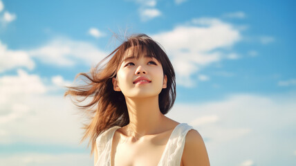 Young Japanese woman with radiant smile practicing yoga outdoors