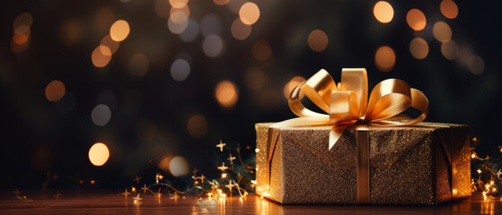 christmas gift and christmas tree lighting in dark room with blurred bokeh.