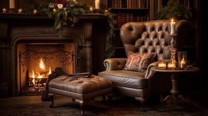A cozy fireplace nook with a tufted wingback chair, a carved wooden mantelpiece, and softly flickering candles, radiating warmth and intimacy - obrazy, fototapety, plakaty
