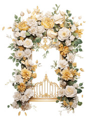 Wedding anniversary gate with beautiful flowers and creeper isolated on transparent background. Generative AI