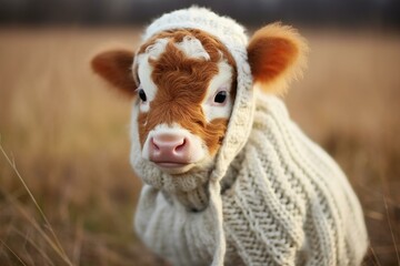 Cute baby cow in cozy attire: a fluffy and adorable spotted calf. Generative AI - obrazy, fototapety, plakaty