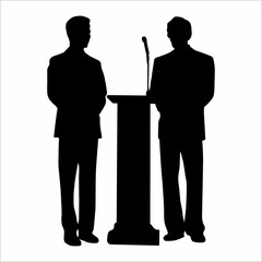 Silhouette of two people talking in front of the stage