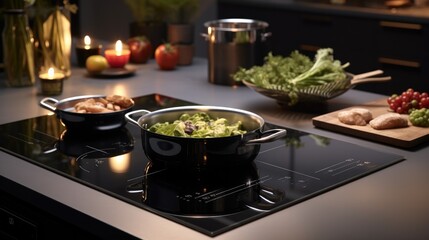 A sleek induction cooktop at the kitchen. - obrazy, fototapety, plakaty