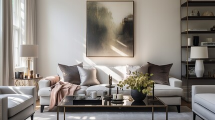 A cozy living room bathed in soft morning light, showcasing a plush velvet sofa and a sleek glass coffee table, surrounded by tastefully curated decor