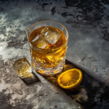 Composition of cold icy whiskey garnished with lemon slice and placed on concrete table