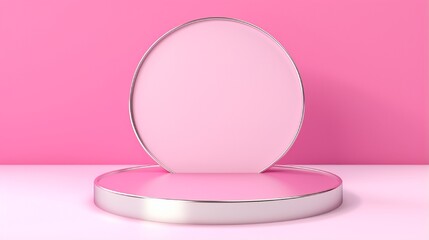 Blank board with a round frame, copy area, cylinder steps, empty podium, unoccupied pedestal, and stage. Template for an emblem. Isolated silver stars on a pink background.
