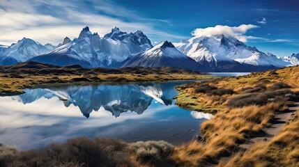 A breathtaking Patagonian landscape with majestic mountains mirrored in a serene lake captures nature's grandeur. Generative AI.